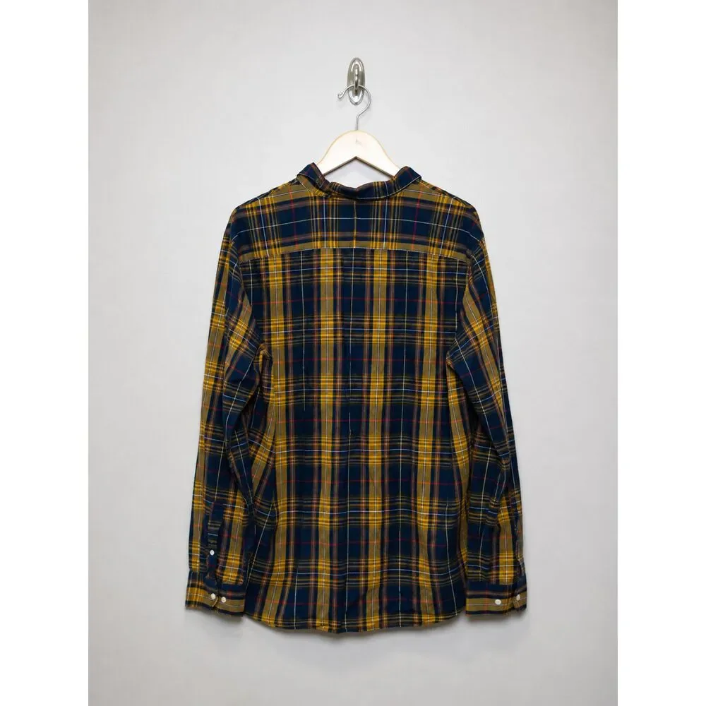 Banana Republic XL Tall Slim Fit Plaid Shirt Navy Gold Untucked Cotton Men's